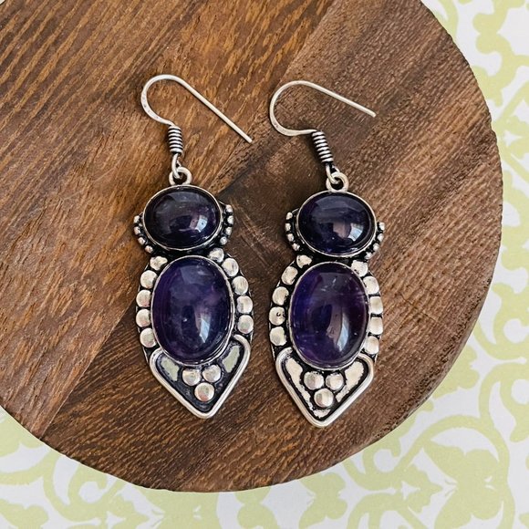 Amethyst Gemstone 925 Sterling Silver Plated Long Drop Dangle Earrings 2 ¼” NEW - Picture 2 of 8